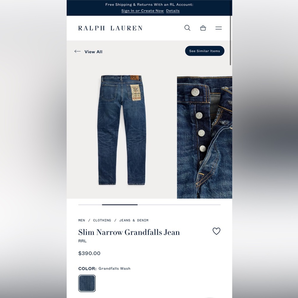 RRL Ralph Lauren Slim Denim Jeans 32x30